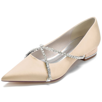 Chaussures de Mariage à Talon Plat En Satin de Soie pour Femmes avec Bout Fermé et Strass