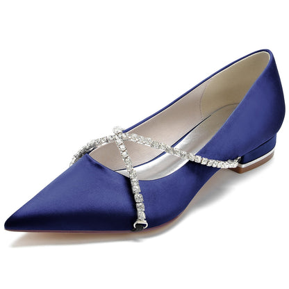 Chaussures de Mariage à Talon Plat En Satin de Soie pour Femmes avec Bout Fermé et Strass