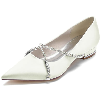 Chaussures de Mariage à Talon Plat En Satin de Soie pour Femmes avec Bout Fermé et Strass