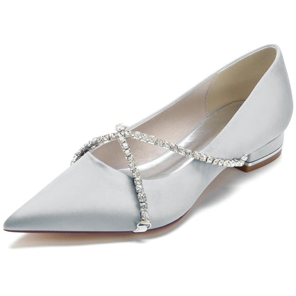 Chaussures de Mariage à Talon Plat En Satin de Soie pour Femmes avec Bout Fermé et Strass