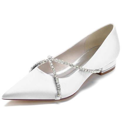 Chaussures de Mariage à Talon Plat En Satin de Soie pour Femmes avec Bout Fermé et Strass