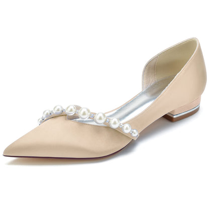 Chaussures de Mariage à Talon Plat et Bout Fermé En Satin de Soie pour Femmes avec Perles