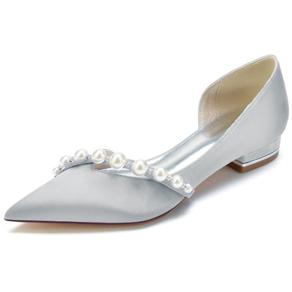 Chaussures de Mariage à Talon Plat et Bout Fermé En Satin de Soie pour Femmes avec Perles