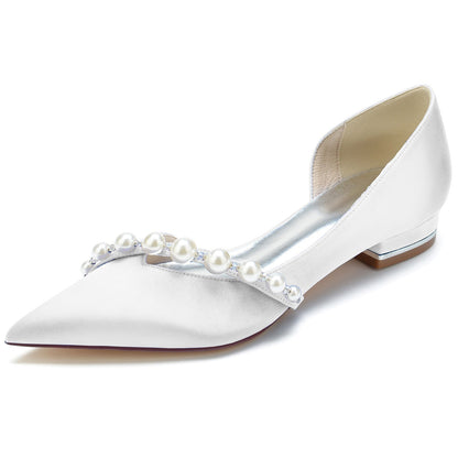 Chaussures de Mariage à Talon Plat et Bout Fermé En Satin de Soie pour Femmes avec Perles