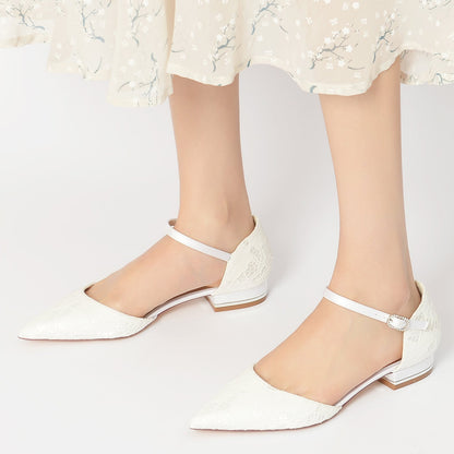 Chaussures de Mariage à Talon Plat et Bout Fermé En Satin de Soie pour Femmes avec Bride à la Cheville et Dentelle