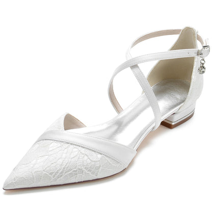 Chaussures de Soirée à Talon Plat et Bout Fermé En Satin de Soie pour Femmes avec Bride à la Cheville et Dentelle