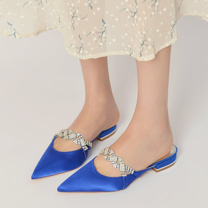 Chaussures de Mariage En Satin de Soie pour Femmes avec Bout Fermé et Talon Plat et Strass