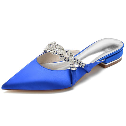 Chaussures de Mariage En Satin de Soie pour Femmes avec Bout Fermé et Talon Plat et Strass