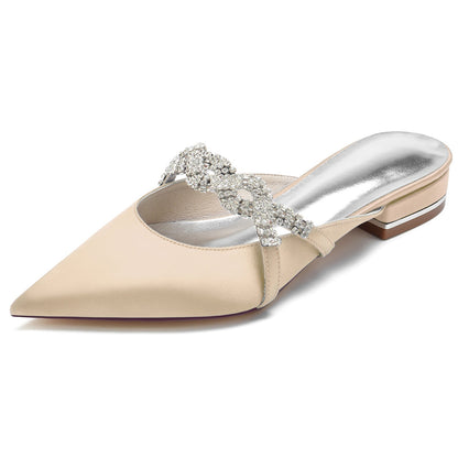 Chaussures de Mariage En Satin de Soie pour Femmes avec Bout Fermé et Talon Plat et Strass