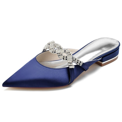 Chaussures de Mariage En Satin de Soie pour Femmes avec Bout Fermé et Talon Plat et Strass