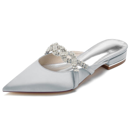 Chaussures de Mariage En Satin de Soie pour Femmes avec Bout Fermé et Talon Plat et Strass