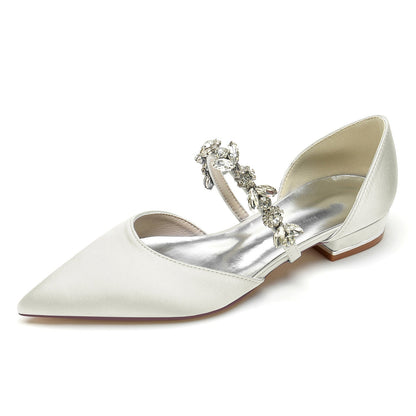 Chaussures de Mariage à Talon Plat et Bout Fermé En Satin de Soie pour Femmes avec Strass