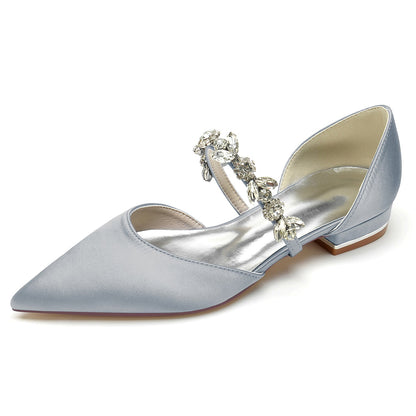 Chaussures de Mariage à Talon Plat et Bout Fermé En Satin de Soie pour Femmes avec Strass