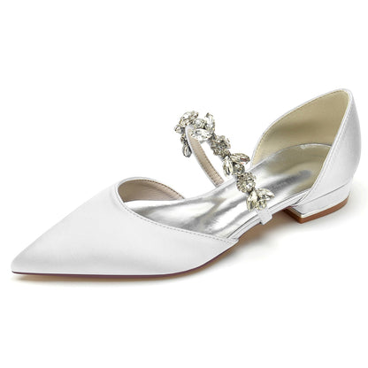 Chaussures de Mariage à Talon Plat et Bout Fermé En Satin de Soie pour Femmes avec Strass