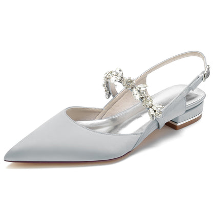 Chaussures de Mariage à Talon Plat En Satin de Soie à Bout Fermé et Strass pour Femmes