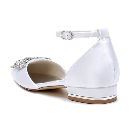 Chaussures de Mariage à Talon Plat En Satin de Soie pour Femmes avec Bride à la Cheville et Bout Fermé