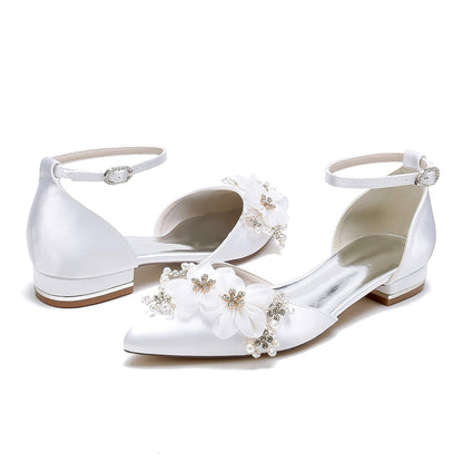 Chaussures de Mariage à Talon Plat En Satin de Soie pour Femmes avec Bride à la Cheville et Bout Fermé