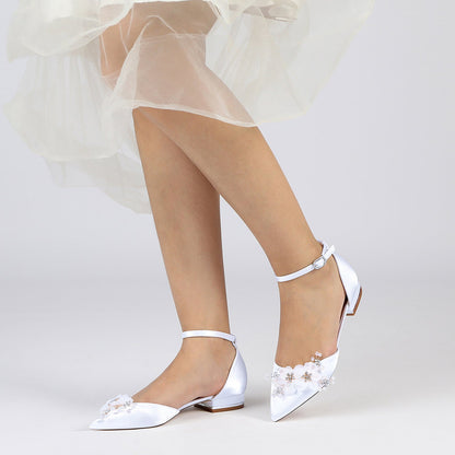 Chaussures de Mariage à Talon Plat En Satin de Soie pour Femmes avec Bride à la Cheville et Bout Fermé