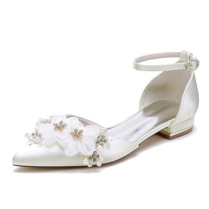 Chaussures de Mariage à Talon Plat En Satin de Soie pour Femmes avec Bride à la Cheville et Bout Fermé