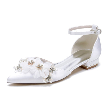 Chaussures de Mariage à Talon Plat En Satin de Soie pour Femmes avec Bride à la Cheville et Bout Fermé