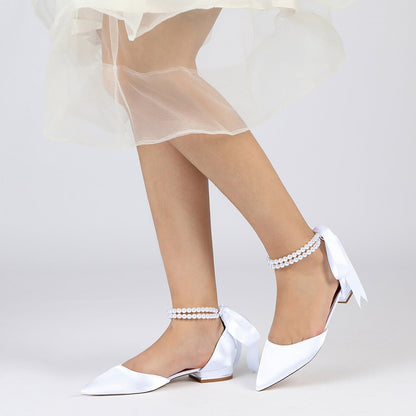 Chaussures de Soirée à Talon Plat et Bout Fermé En Satin de Soie pour Femmes avec Bride à la Cheville et Lacets