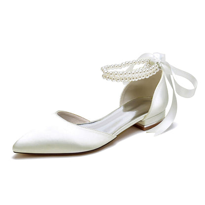 Chaussures de Soirée à Talon Plat et Bout Fermé En Satin de Soie pour Femmes avec Bride à la Cheville et Lacets