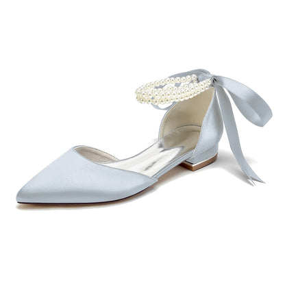 Chaussures de Soirée à Talon Plat et Bout Fermé En Satin de Soie pour Femmes avec Bride à la Cheville et Lacets