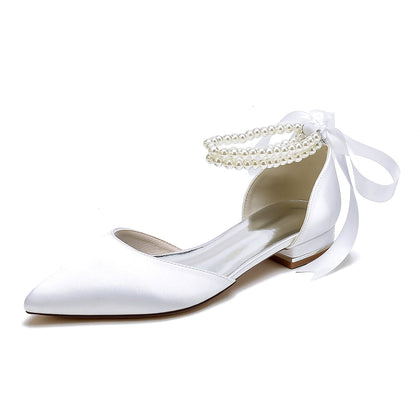 Chaussures de Soirée à Talon Plat et Bout Fermé En Satin de Soie pour Femmes avec Bride à la Cheville et Lacets