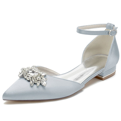 Chaussures de Mariage à Talon Plat et Bout Fermé En Satin de Soie pour Femmes avec Bride à la Cheville et Strass