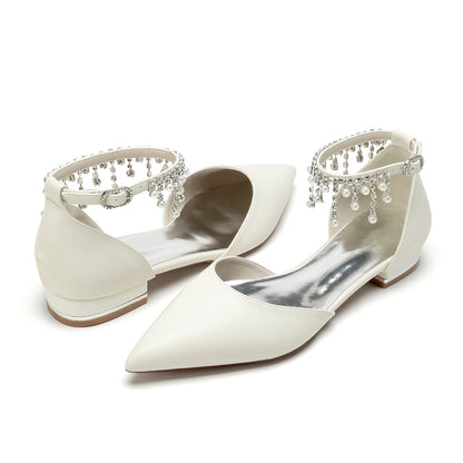 Chaussures de Soirée à Talon Plat et Bout Fermé En Pu pour Femmes avec Bride à la Cheville et Pompon En Perles