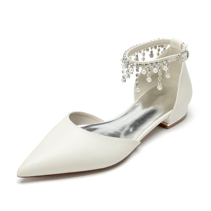 Chaussures de Soirée à Talon Plat et Bout Fermé En Pu pour Femmes avec Bride à la Cheville et Pompon En Perles