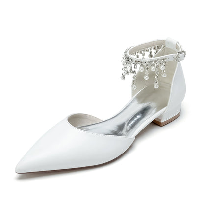 Chaussures de Soirée à Talon Plat et Bout Fermé En Pu pour Femmes avec Bride à la Cheville et Pompon En Perles