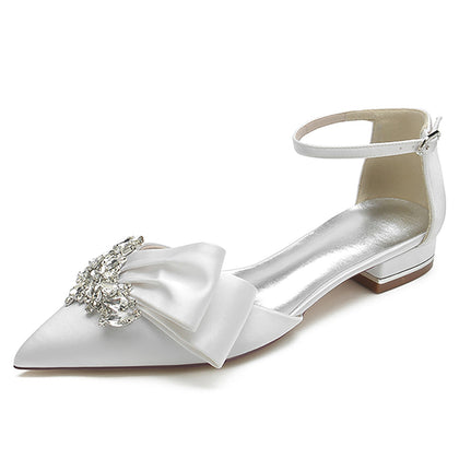 Chaussures de Mariage à Talon Plat et Bout Fermé En Satin de Soie et Strass pour Femmes