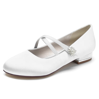 Chaussures de Mariage à Talon Plat et Bout Fermé En Satin de Soie pour Femmes avec Strass et Fleurs