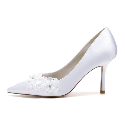 Chaussures de Mariage à Talon Aiguille et Bout Fermé En Satin de Soie pour Femmes avec Fleur