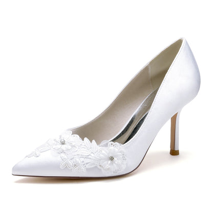 Chaussures de Mariage à Talon Aiguille et Bout Fermé En Satin de Soie pour Femmes avec Fleur