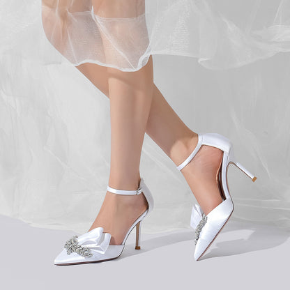 Chaussures de Soirée à Talon Aiguille et Bout Fermé En Satin de Soie pour Femmes avec Bride à la Cheville