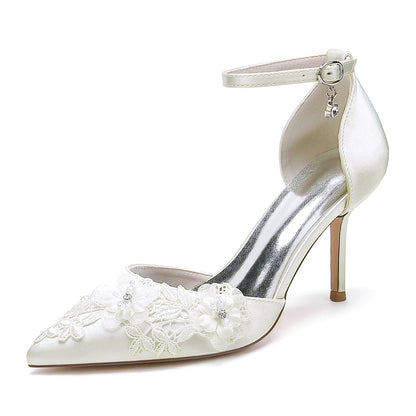 Chaussures de Mariage à Talon Aiguille et Bout Fermé En Satin de Soie pour Femmes avec Bride à la Cheville