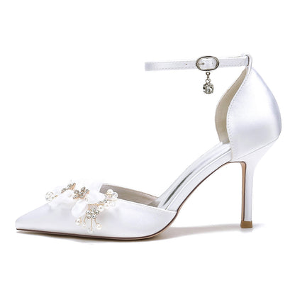 Chaussures de Soirée à Talon Aiguille et Bout Fermé En Satin de Soie pour Femmes avec Bride à la Cheville et Fleur