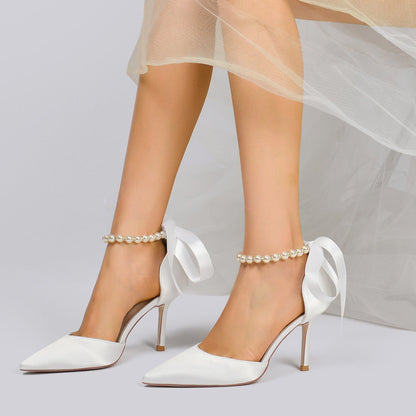 Chaussures de Mariage à Talon Aiguille et Bout Fermé En Satin de Soie pour Femmes avec Bride à la Cheville à Lacets et Perles