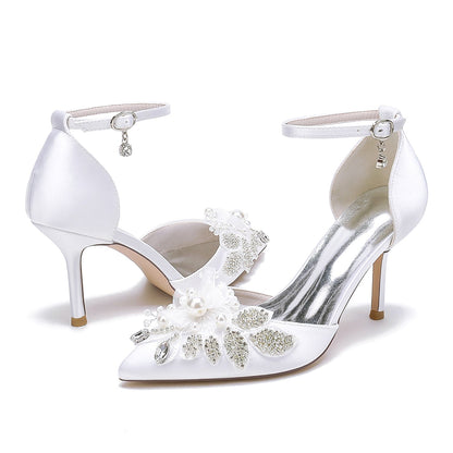 Chaussures de Mariage à Talon Aiguille et Bout Fermé En Satin de Soie pour Femmes avec Bride à la Cheville et Strass