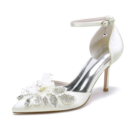 Chaussures de Mariage à Talon Aiguille et Bout Fermé En Satin de Soie pour Femmes avec Bride à la Cheville et Strass