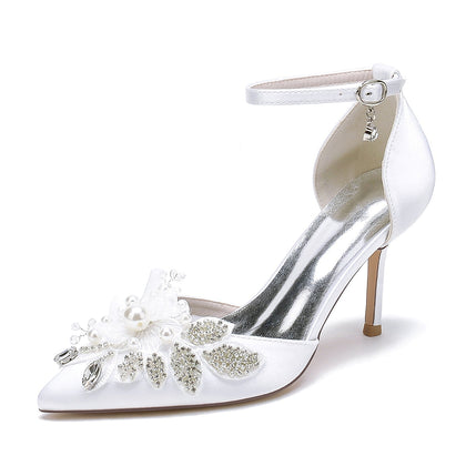 Chaussures de Mariage à Talon Aiguille et Bout Fermé En Satin de Soie pour Femmes avec Bride à la Cheville et Strass