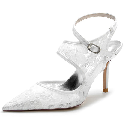 Chaussures de Soirée à Talon Aiguille et Bout Fermé En Satin de Soie pour Femmes avec Bride à la Cheville