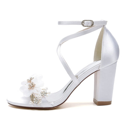 Chaussures de Soirée à Talon Épais et Bout Ouvert En Satin de Soie pour Femmes avec Bride à la Cheville et Fleur