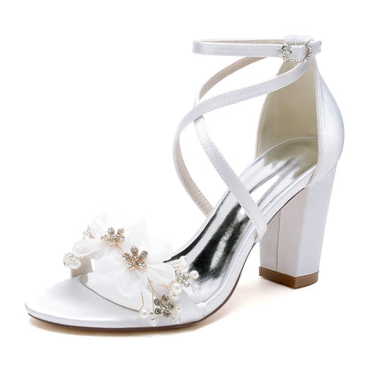 Chaussures de Soirée à Talon Épais et Bout Ouvert En Satin de Soie pour Femmes avec Bride à la Cheville et Fleur