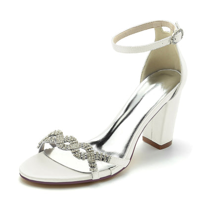 Chaussures de Mariage à Bout Ouvert En Satin de Soie pour Femmes avec Bride à la Cheville et Talon Épais En Strass