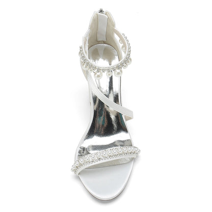 Chaussures de Soirée à Talon Épais et Bout Ouvert En Satin de Soie pour Femmes avec Bride à la Cheville et Perles et Strass