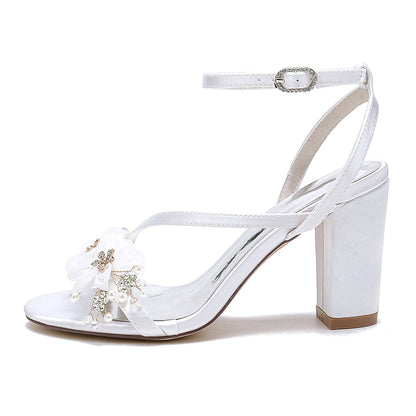 Chaussures de Soirée à Talon Épais et Bout Ouvert En Satin de Soie pour Femmes avec Bride à la Cheville et Fleur