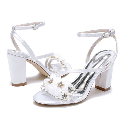 Chaussures de Soirée à Talon Épais et Bout Ouvert En Satin de Soie pour Femmes avec Bride à la Cheville et Fleur